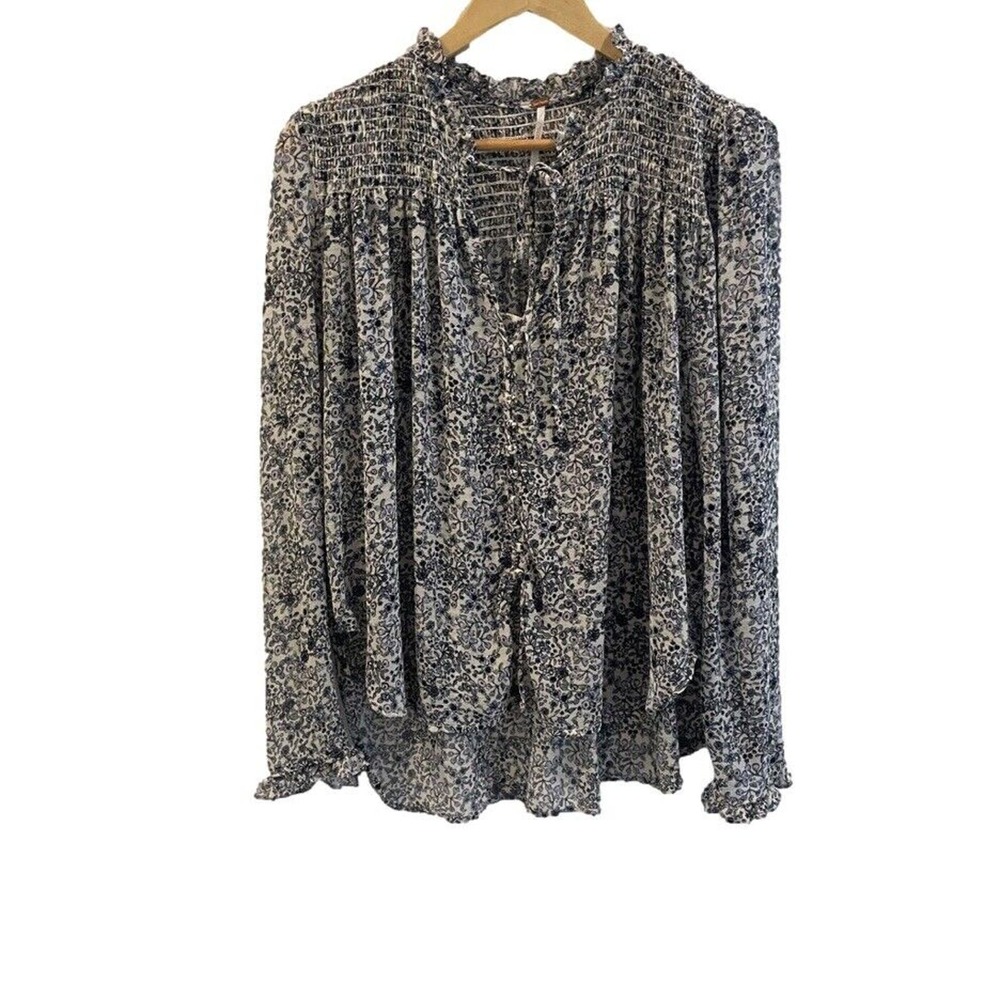 Free People Shirt Womens Medium Floral Button Up Sheer Long Sleeve Smocked